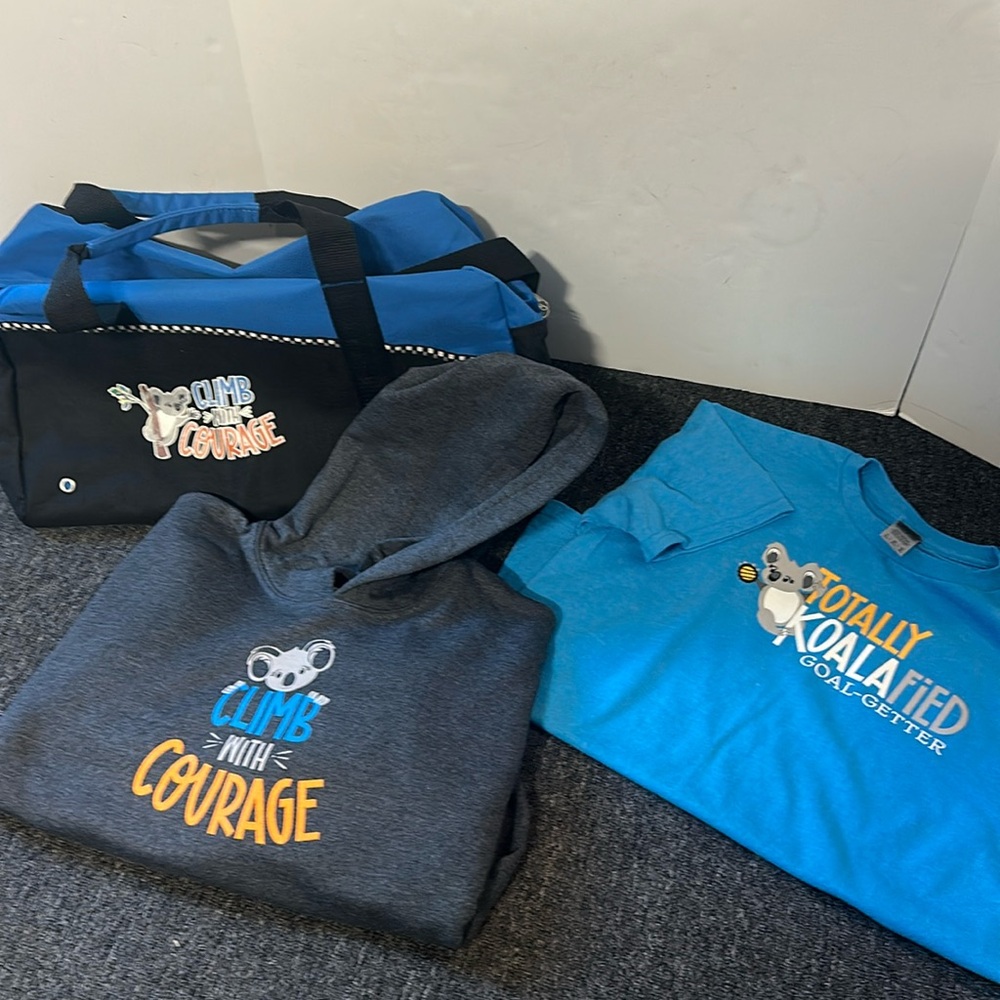 Girl Scouts Koala “Climb With Courage” blue black duffle bag sweatshirt bundle